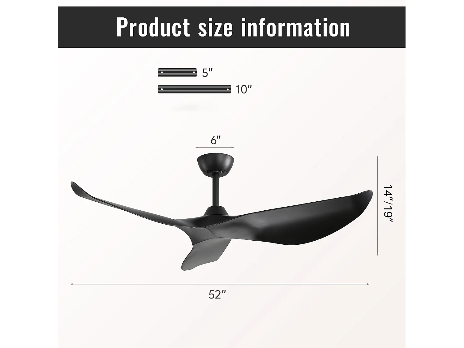 Ventilateur de plafond 132 cm avec télécommande, 6 vitesses, minuterie, moteur DC réversible ABS noir