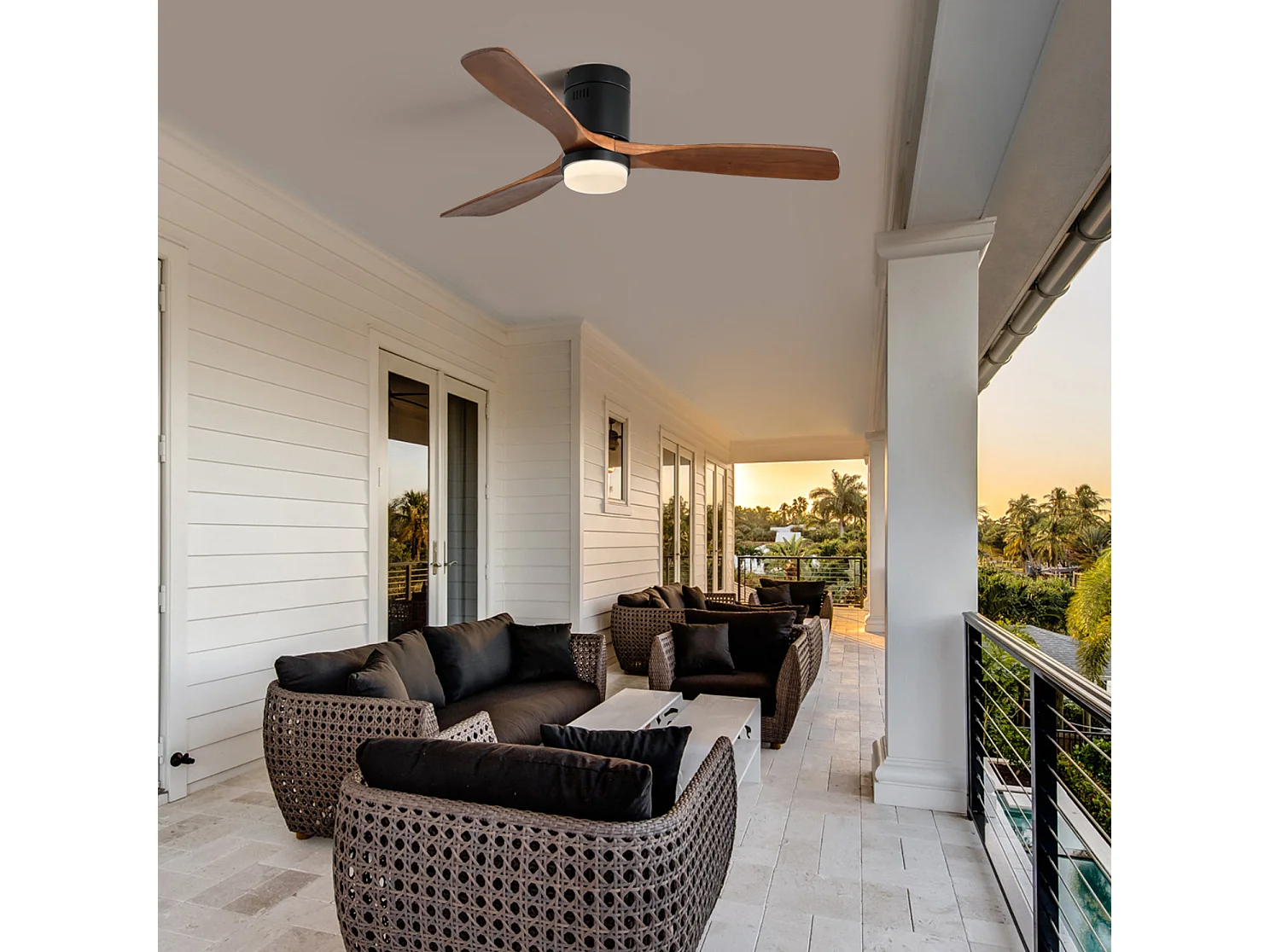 Ventilateur de plafond 132 cm avec lumière LED, 3 pales en bois de noyer, moteur DC réversible Noir