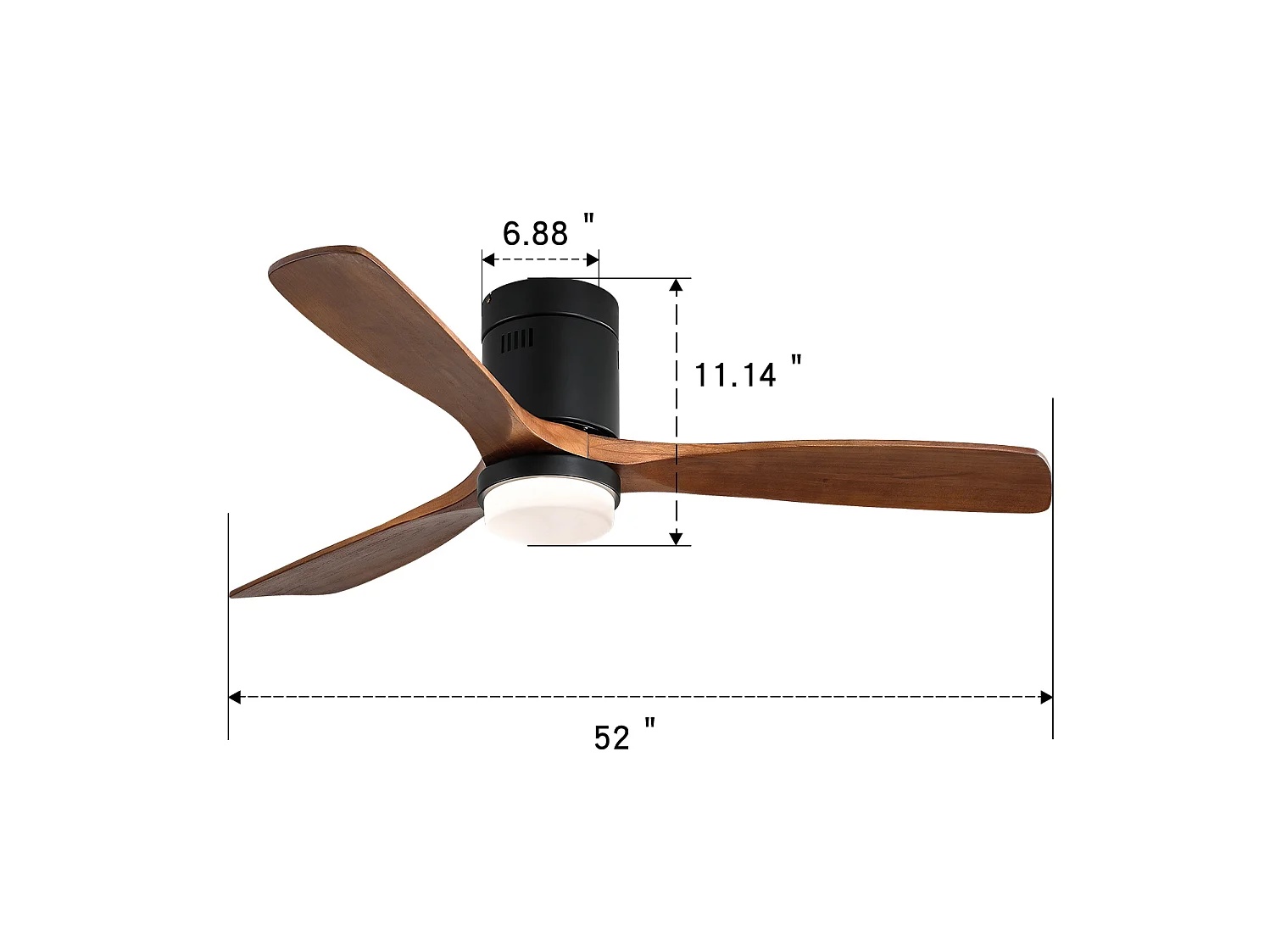 Ventilateur de plafond 132 cm avec lumière LED, 3 pales en bois de noyer, moteur DC réversible Noir