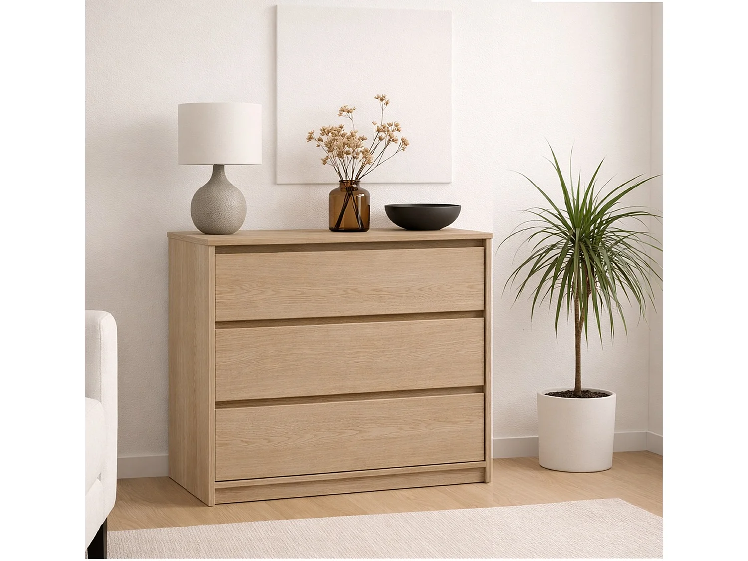 Chest of Drawers Storage Cabinet 3 Drawer Unit Handleless White Washed Light Oak Effect Scandi Mana