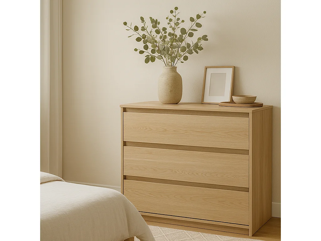 Chest of Drawers Storage Cabinet 3 Drawer Unit Handleless White Washed Light Oak Effect Scandi Mana