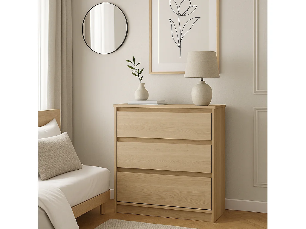 Chest of Drawers Storage Cabinet 3 Drawer Unit Handleless White Washed Light Oak Effect Scandi Mana