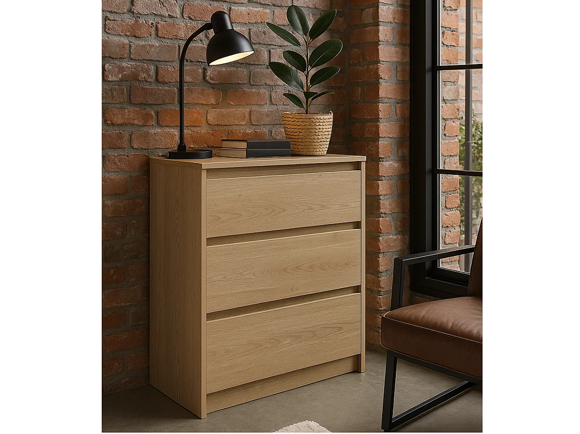Chest of Drawers Storage Cabinet 3 Drawer Unit Handleless White Washed Light Oak Effect Scandi Mana