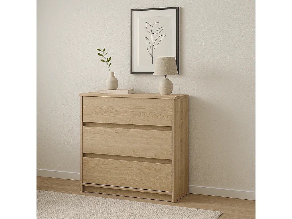 Chest of Drawers Storage Cabinet 3 Drawer Unit Handleless White Washed Light Oak Effect Scandi Mana