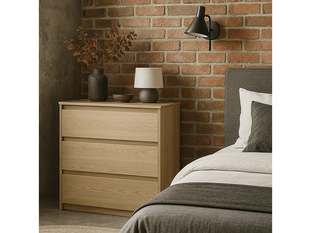 Chest of Drawers Storage Cabinet 3 Drawer Unit Handleless White Washed Light Oak Effect Scandi Mana