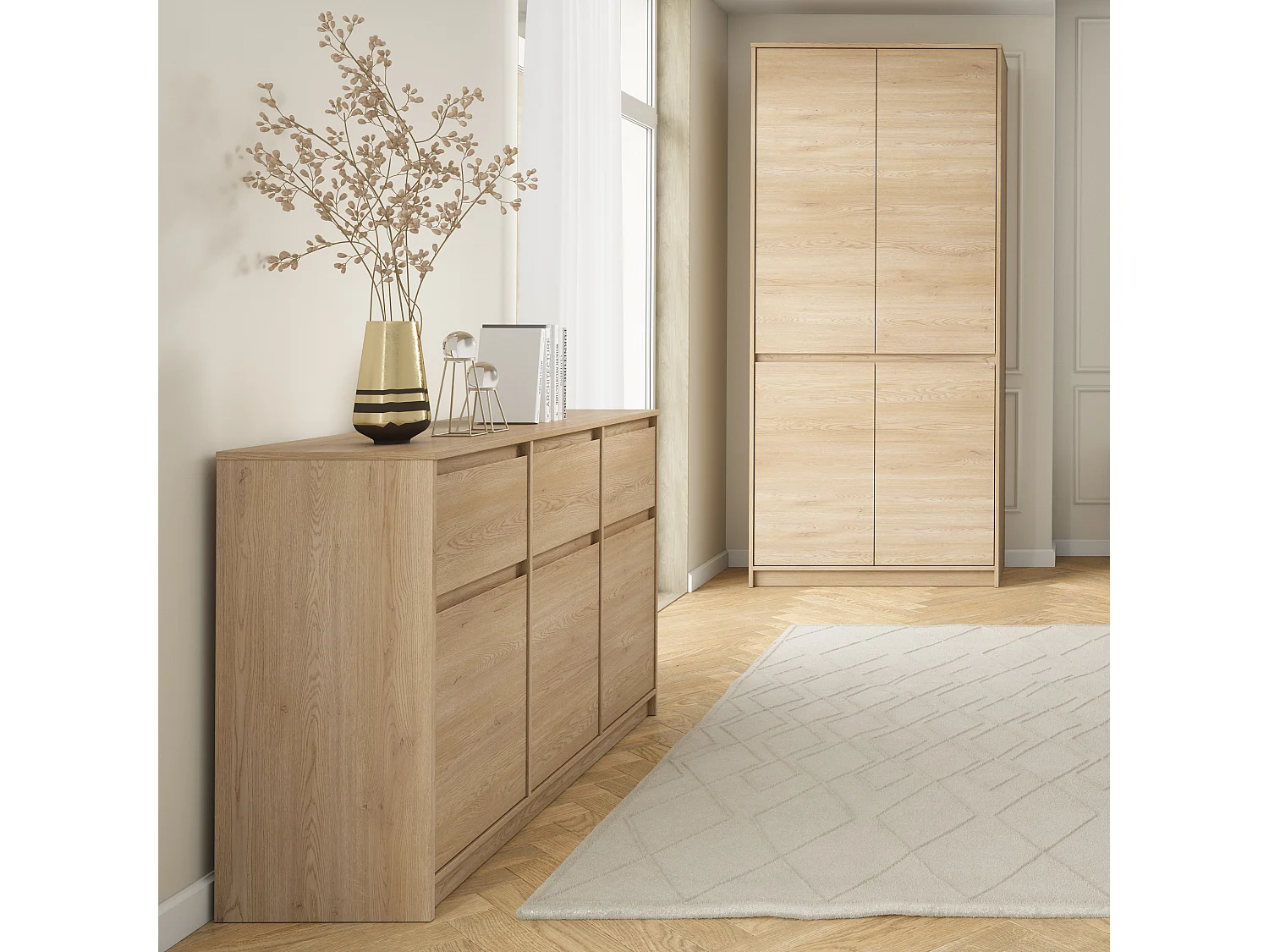 Narrow Chest of Drawers Slim Storage Cabinet Handleless 3 Drawer Unit White Washed Light Oak Effect Mana