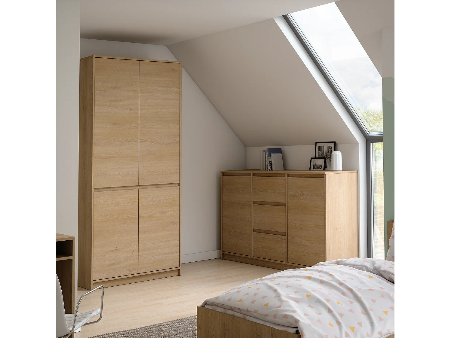 Narrow Chest of Drawers Slim Storage Cabinet Handleless 3 Drawer Unit White Washed Light Oak Effect Mana