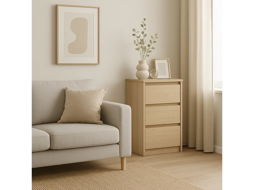 Narrow Chest of Drawers Slim Storage Cabinet Handleless 3 Drawer Unit White Washed Light Oak Effect Mana