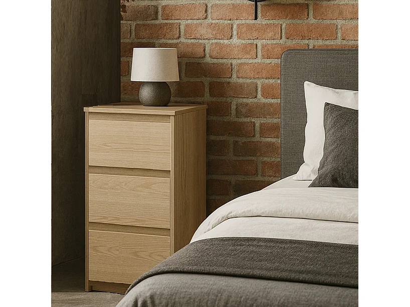 Narrow Chest of Drawers Slim Storage Cabinet Handleless 3 Drawer Unit White Washed Light Oak Effect Mana