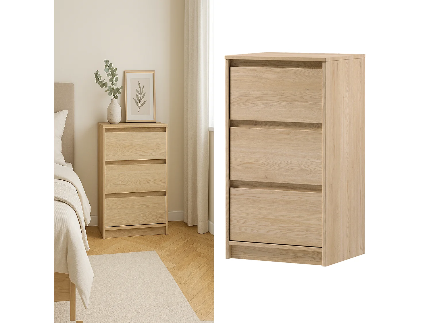 Narrow Chest of Drawers Slim Storage Cabinet Handleless 3 Drawer Unit White Washed Light Oak Effect Mana