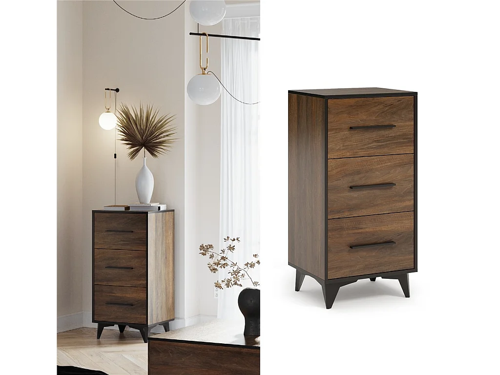 Chest of Drawers Tall Narrow 3 Drawer Storage Cabinet Black Legs Dark Oak Mid Century Modern Frida
