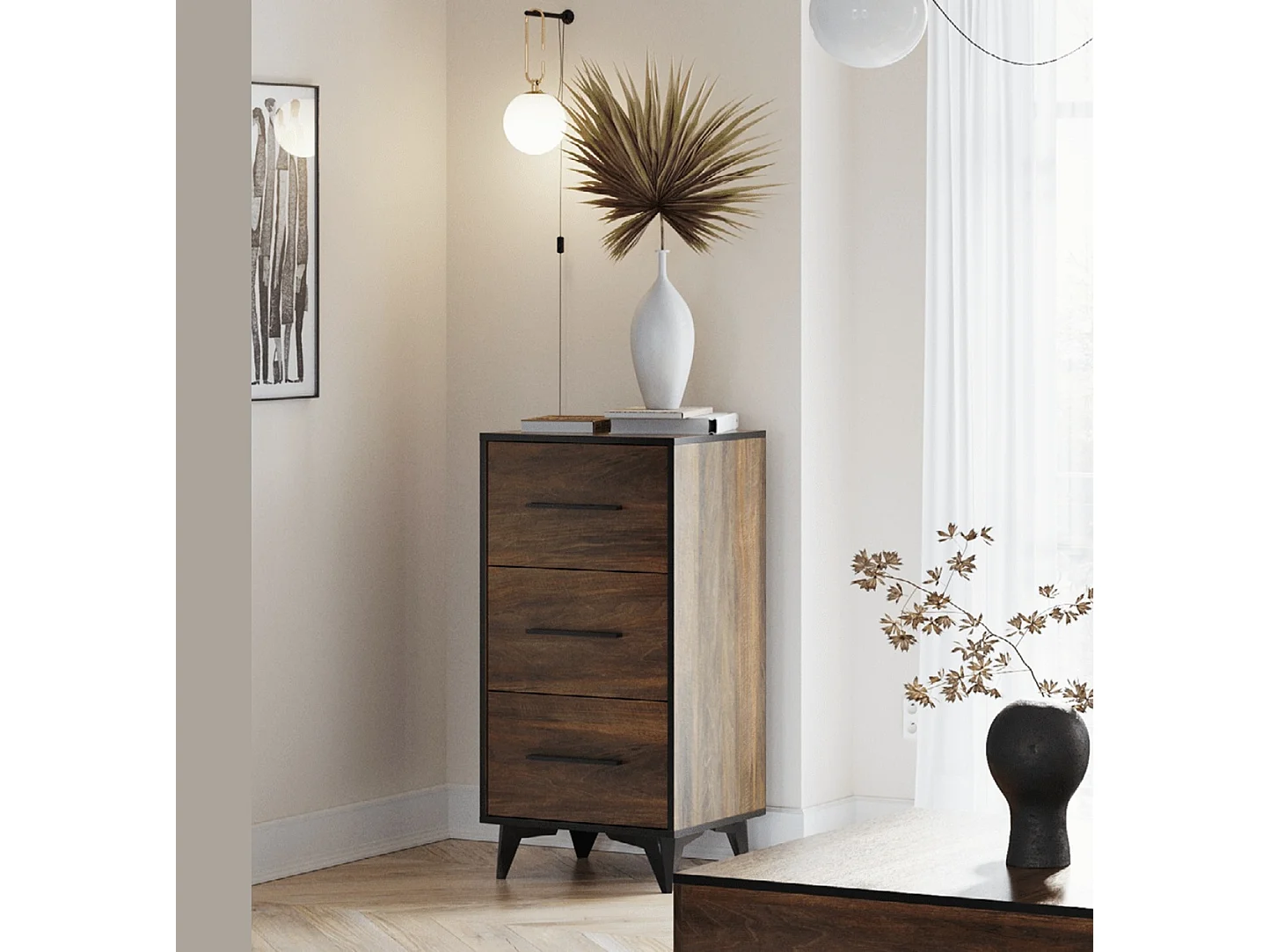 Chest of Drawers Tall Narrow 3 Drawer Storage Cabinet Black Legs Dark Oak Mid Century Modern Frida