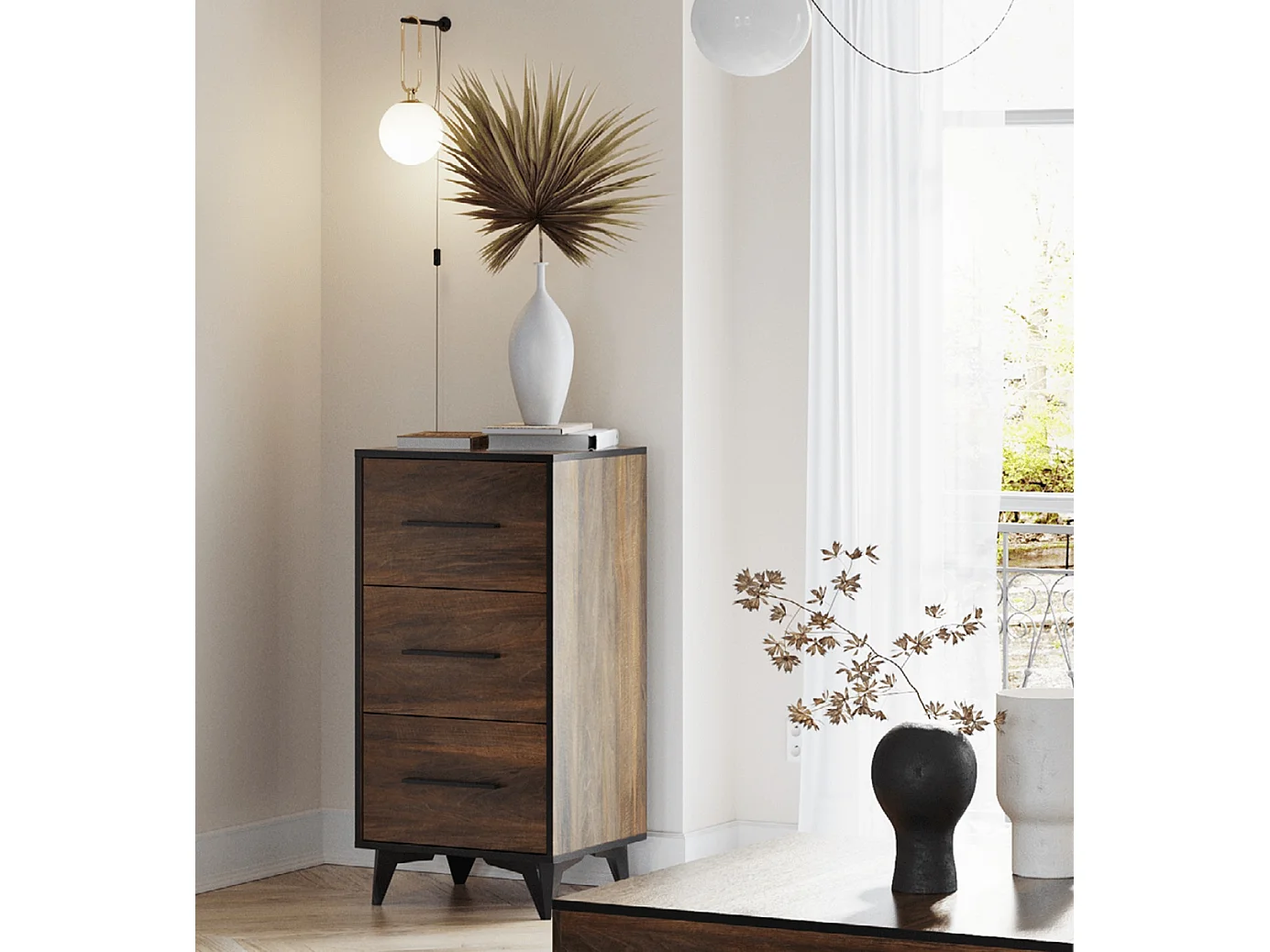 Chest of Drawers Tall Narrow 3 Drawer Storage Cabinet Black Legs Dark Oak Mid Century Modern Frida