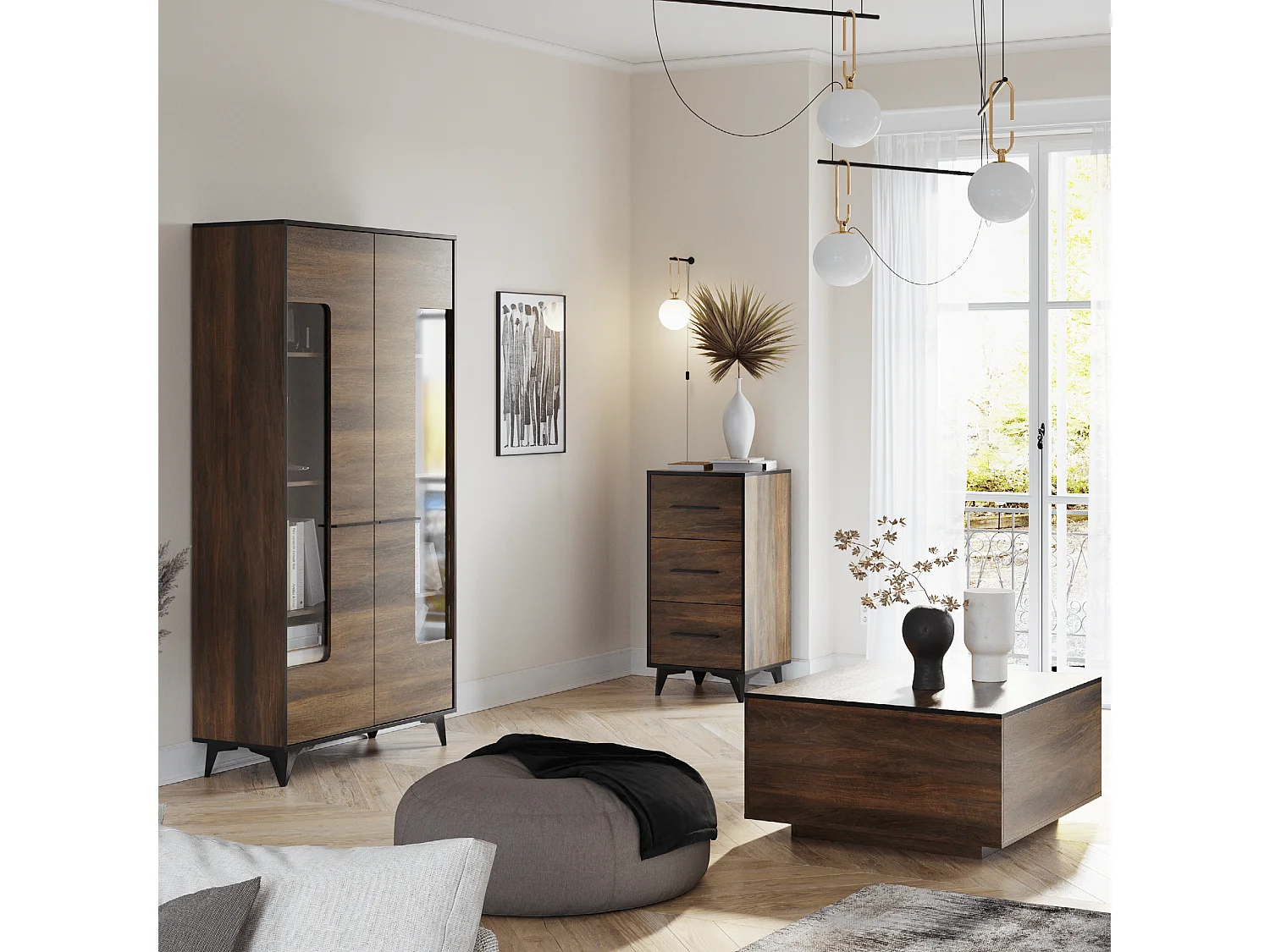 Chest of Drawers Tall Narrow 3 Drawer Storage Cabinet Black Legs Dark Oak Mid Century Modern Frida