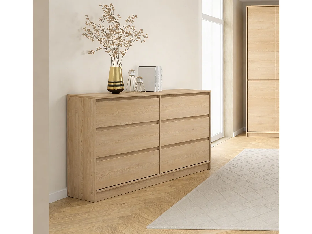 6 Drawer Chest of Drawers Sideboard Large Storage Cabinet Handleless 180cm Wide Unit White Washed Light Oak Effect Mana