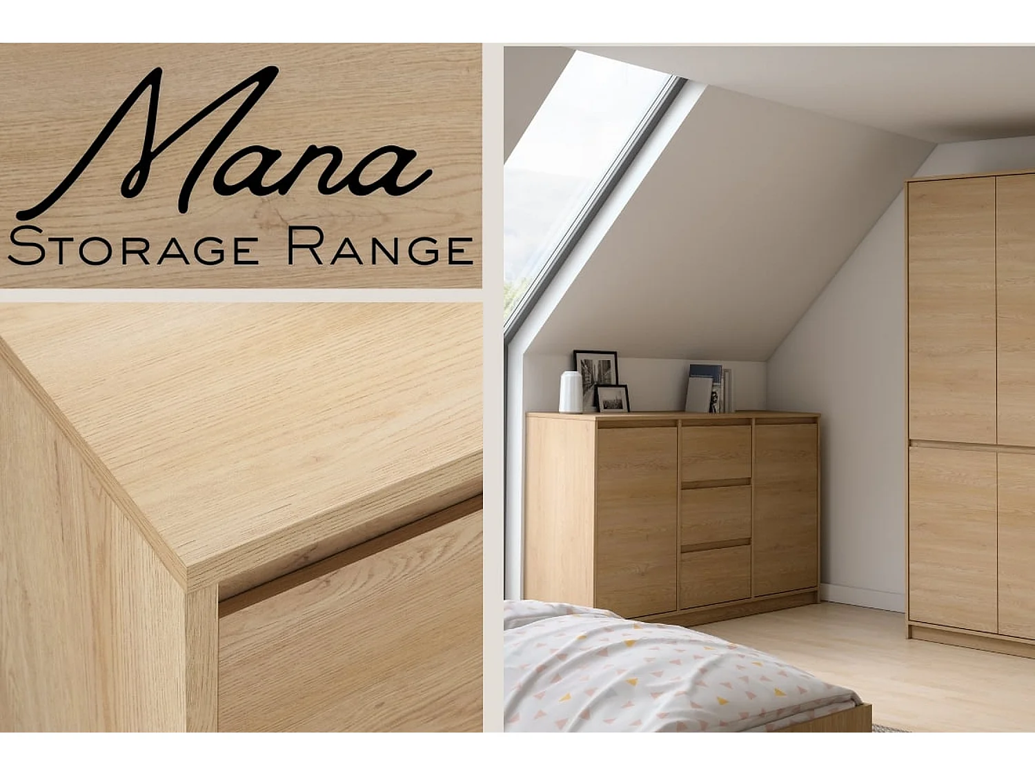 6 Drawer Chest of Drawers Sideboard Large Storage Cabinet Handleless 180cm Wide Unit White Washed Light Oak Effect Mana