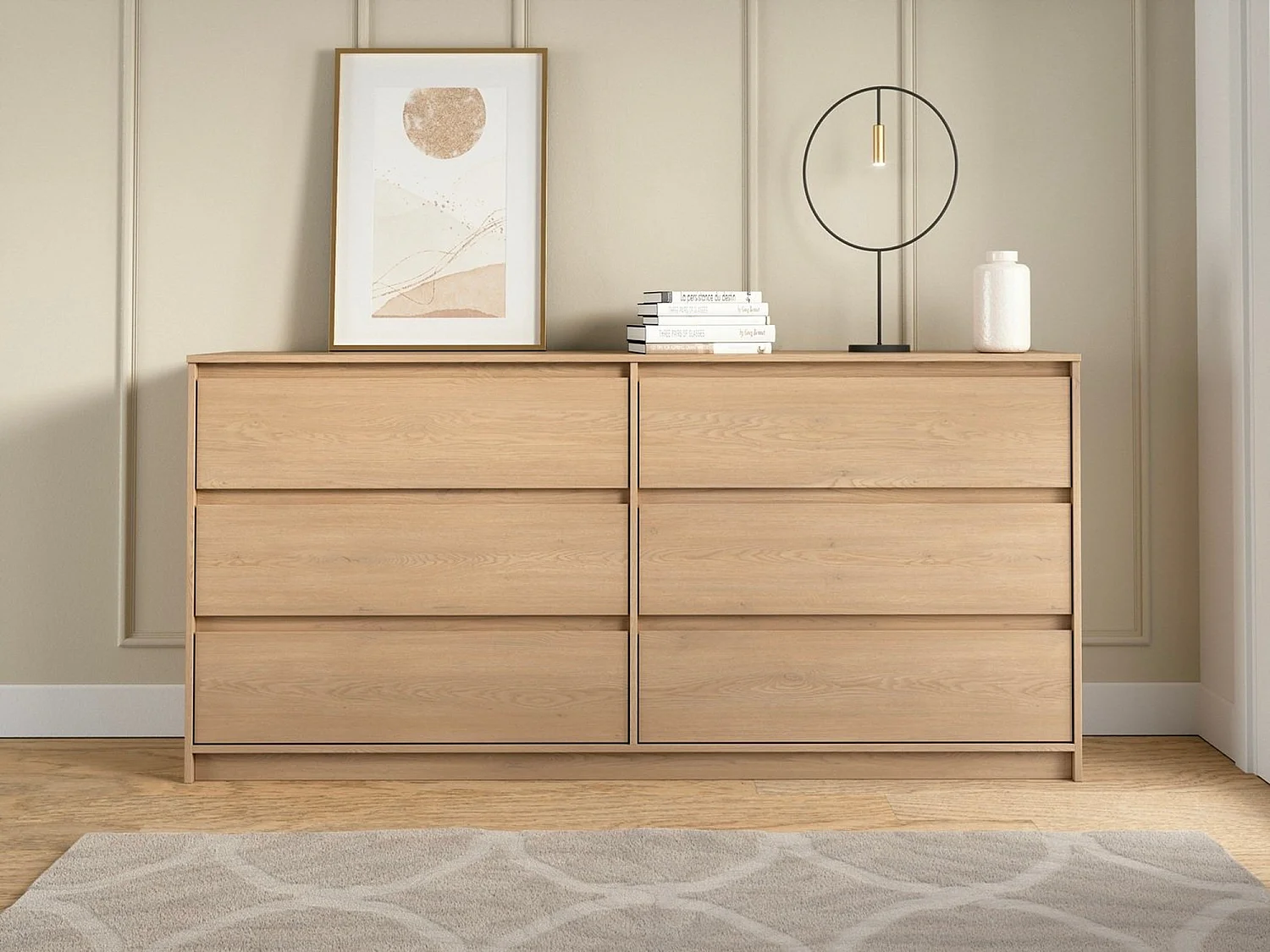 6 Drawer Chest of Drawers Sideboard Large Storage Cabinet Handleless 180cm Wide Unit White Washed Light Oak Effect Mana