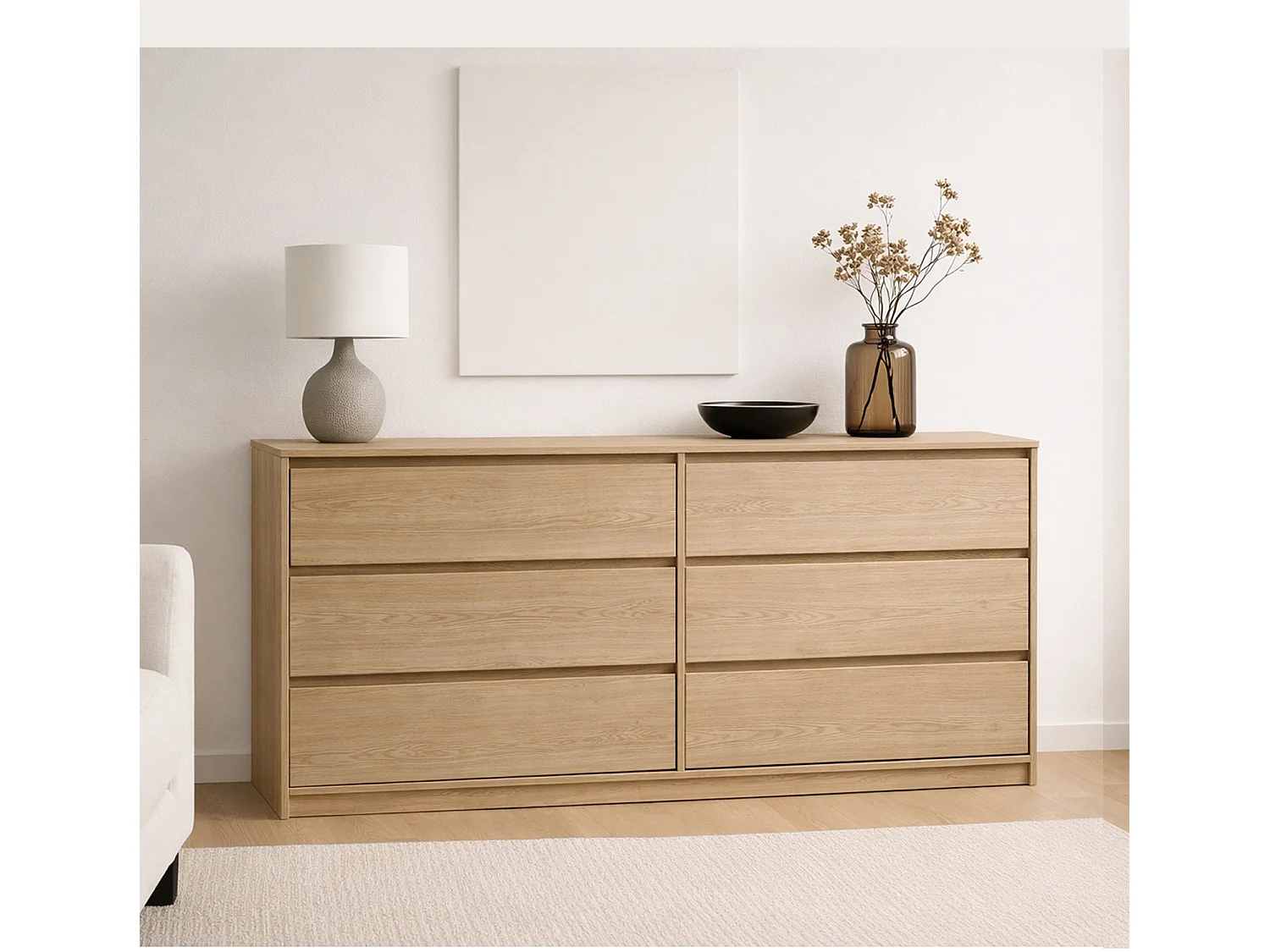 6 Drawer Chest of Drawers Sideboard Large Storage Cabinet Handleless 180cm Wide Unit White Washed Light Oak Effect Mana