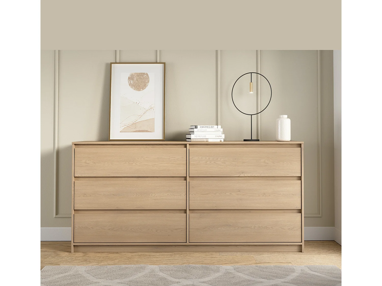 6 Drawer Chest of Drawers Sideboard Large Storage Cabinet Handleless 180cm Wide Unit White Washed Light Oak Effect Mana