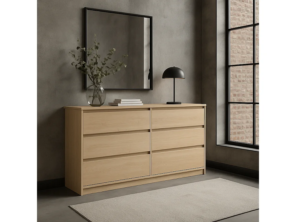 6 Drawer Chest of Drawers Sideboard Large Storage Cabinet Handleless 180cm Wide Unit White Washed Light Oak Effect Mana