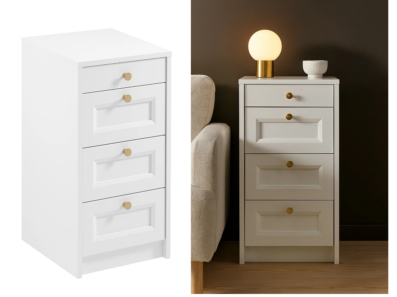 Chest of Drawers Narrow White Bedroom Storage Small Cabinet Slim Compact Shaker Unit Gold Handles Rel