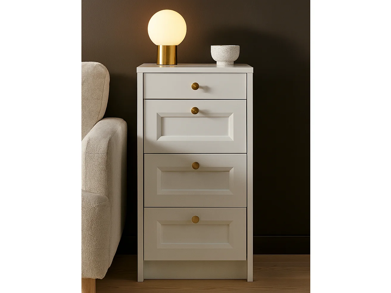 Chest of Drawers Narrow White Bedroom Storage Small Cabinet Slim Compact Shaker Unit Gold Handles Rel