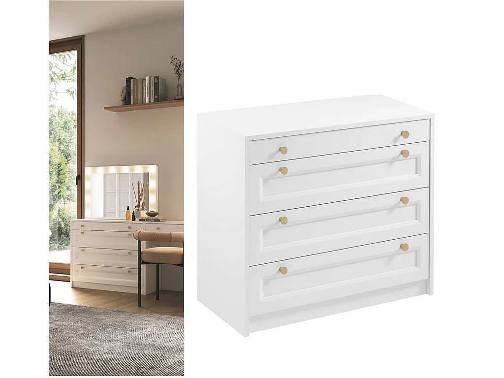 Chest of Drawers White Bedroom Storage Cabinet 90cm Compact Shaker Unit Gold Handles Rel