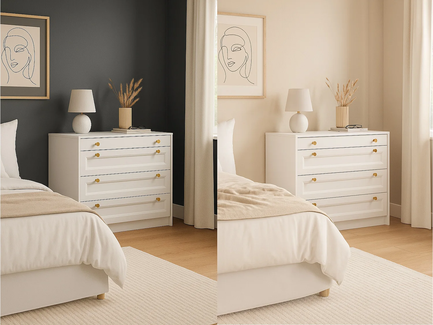 Chest of Drawers White Bedroom Storage Cabinet 90cm Compact Shaker Unit Gold Handles Rel
