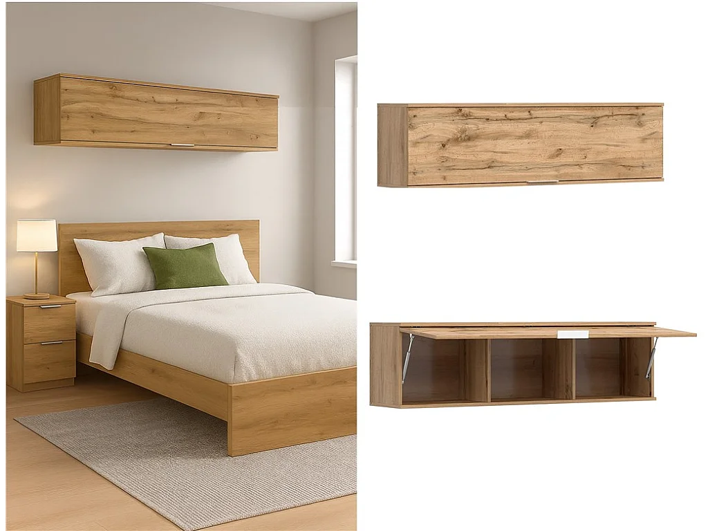 Wall Storage Cabinet Bedroom Lift Up Door Overbed Floating Unit 135cm Oak Effect Zele