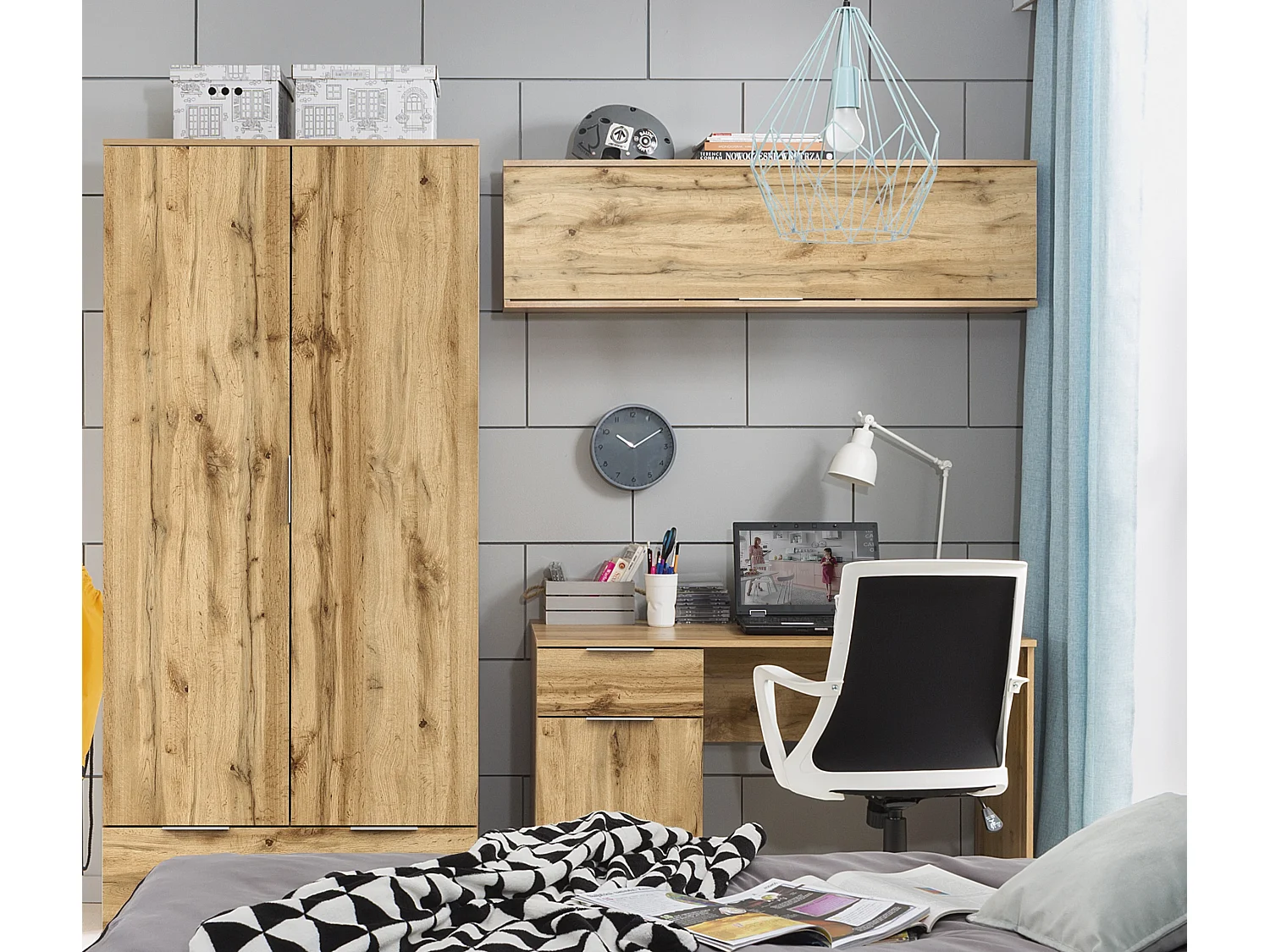 Wall Cabinet Unit Storage Bedroom Living Room Oak Effect 135cm Lift Up Door Modern Shelf Cupboard Zele