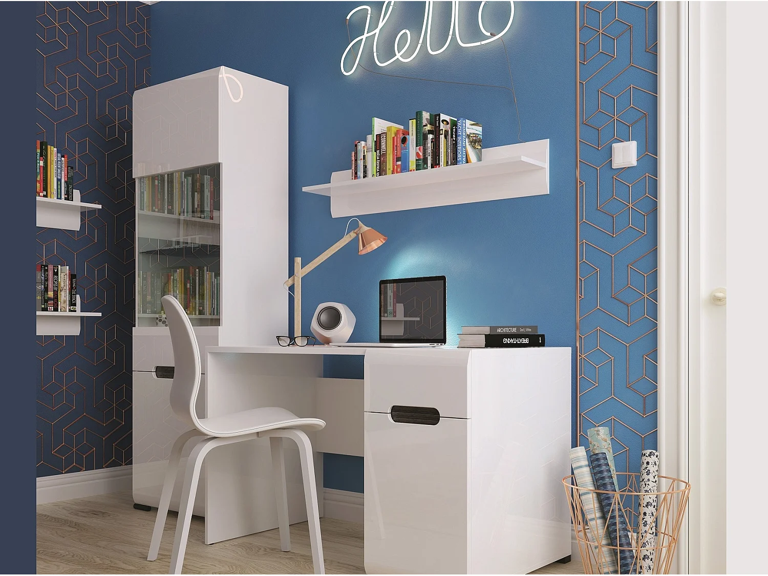 Wall Shelf White Gloss Floating Shelving Panel Storage Unit 105cm Azteca