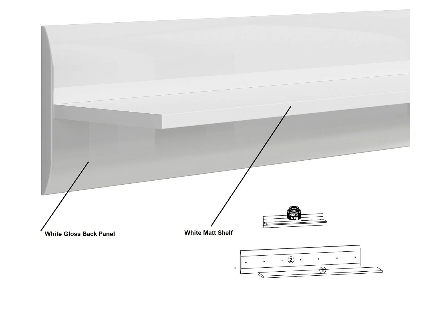 Wall Shelf White Gloss Floating Shelving Panel Storage Unit 105cm Azteca