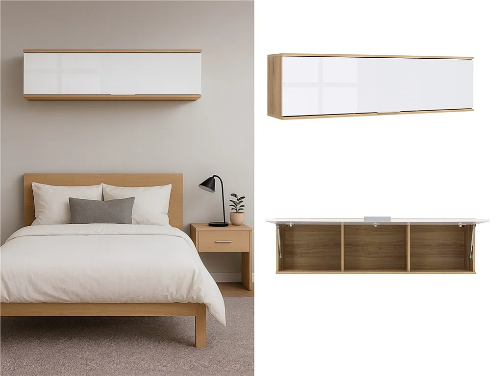 Wall Storage Cabinet Bedroom Overbed Hanging Unit White Gloss Oak Effect Zele