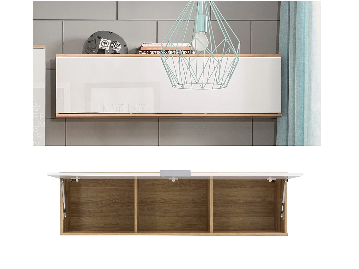 Wall Storage Cabinet Bedroom Overbed Hanging Unit White Gloss Oak Effect Zele
