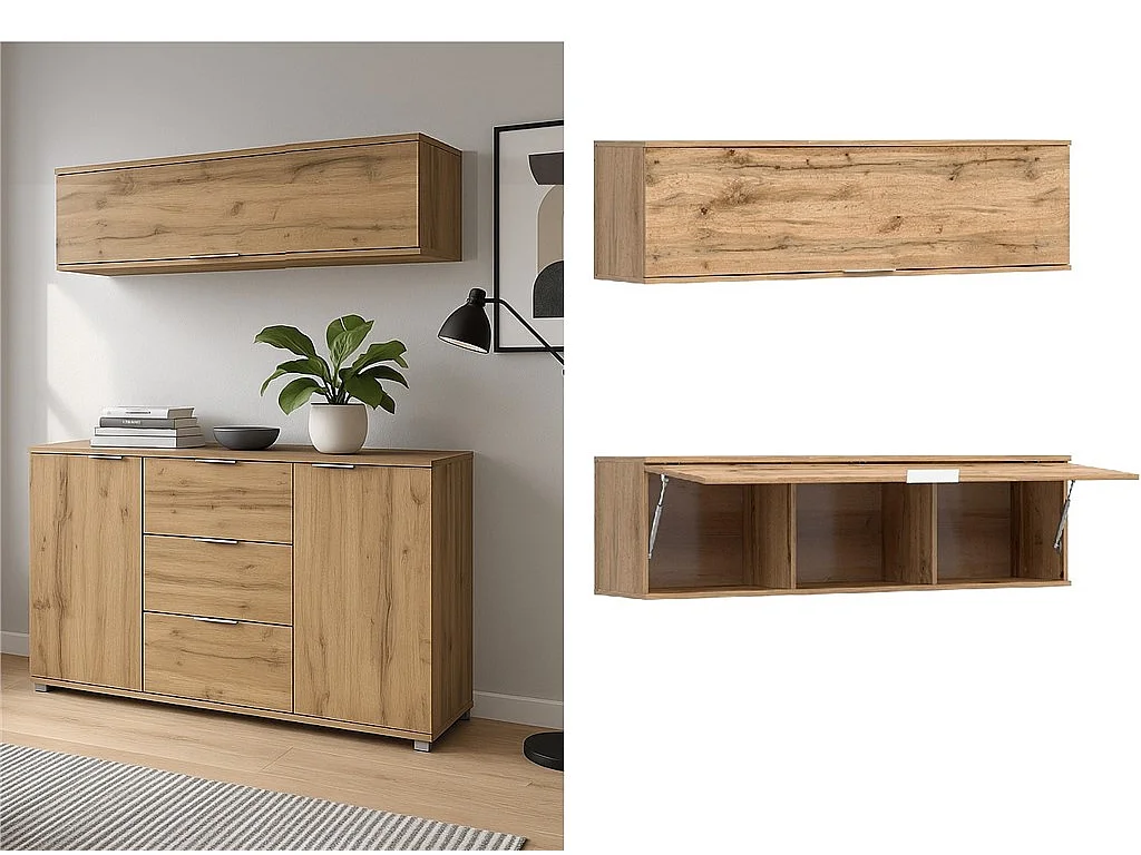 Wall Mounted Cabinet Living Room Floating Shelf Unit Lift Up Door 135cm Lounge Storage Oak Effect Zele