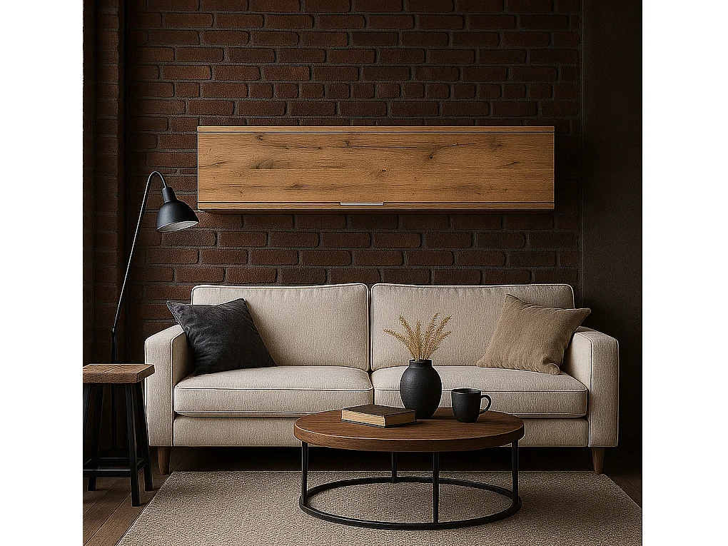Wall Mounted Cabinet Living Room Floating Shelf Unit Lift Up Door 135cm Lounge Storage Oak Effect Zele