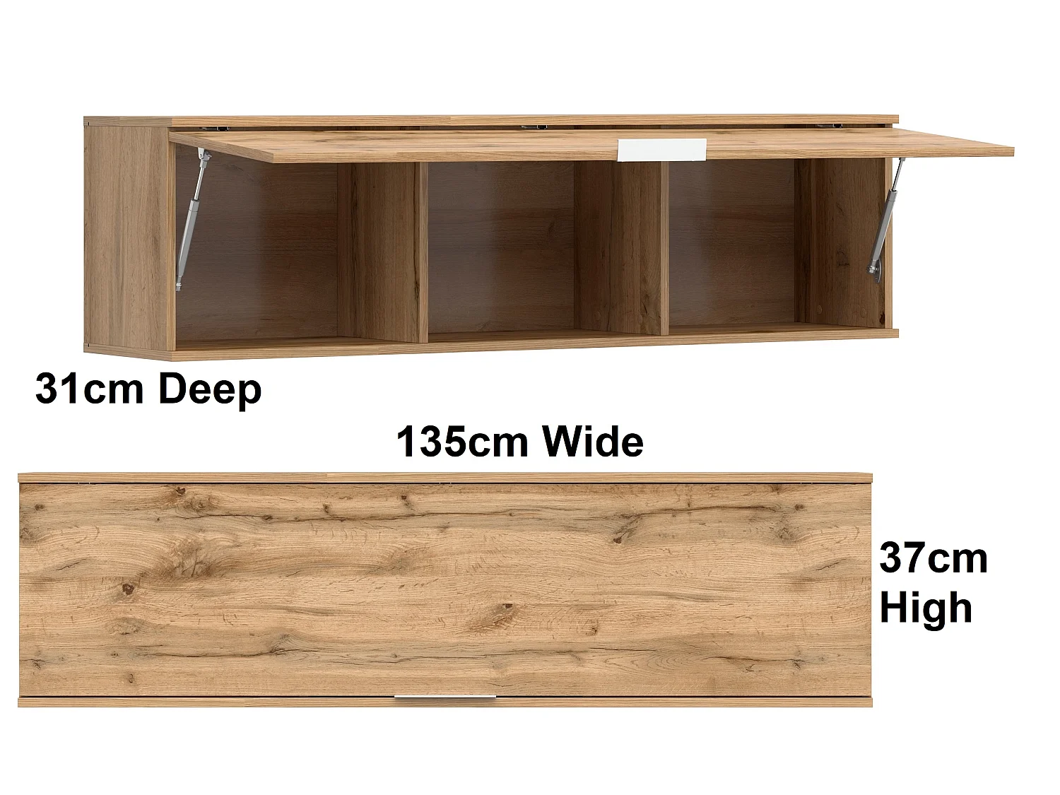 Wall Mounted Cabinet Living Room Floating Shelf Unit Lift Up Door 135cm Lounge Storage Oak Effect Zele