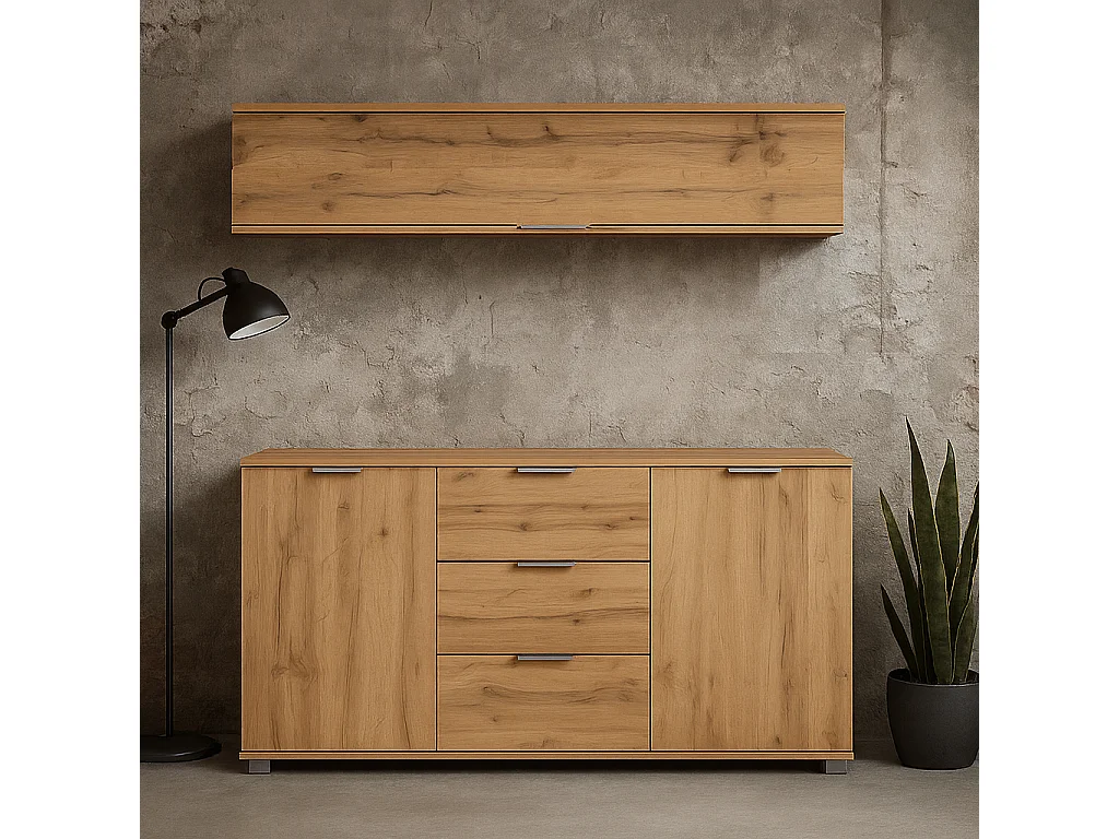Wall Mounted Cabinet Living Room Floating Shelf Unit Lift Up Door 135cm Lounge Storage Oak Effect Zele