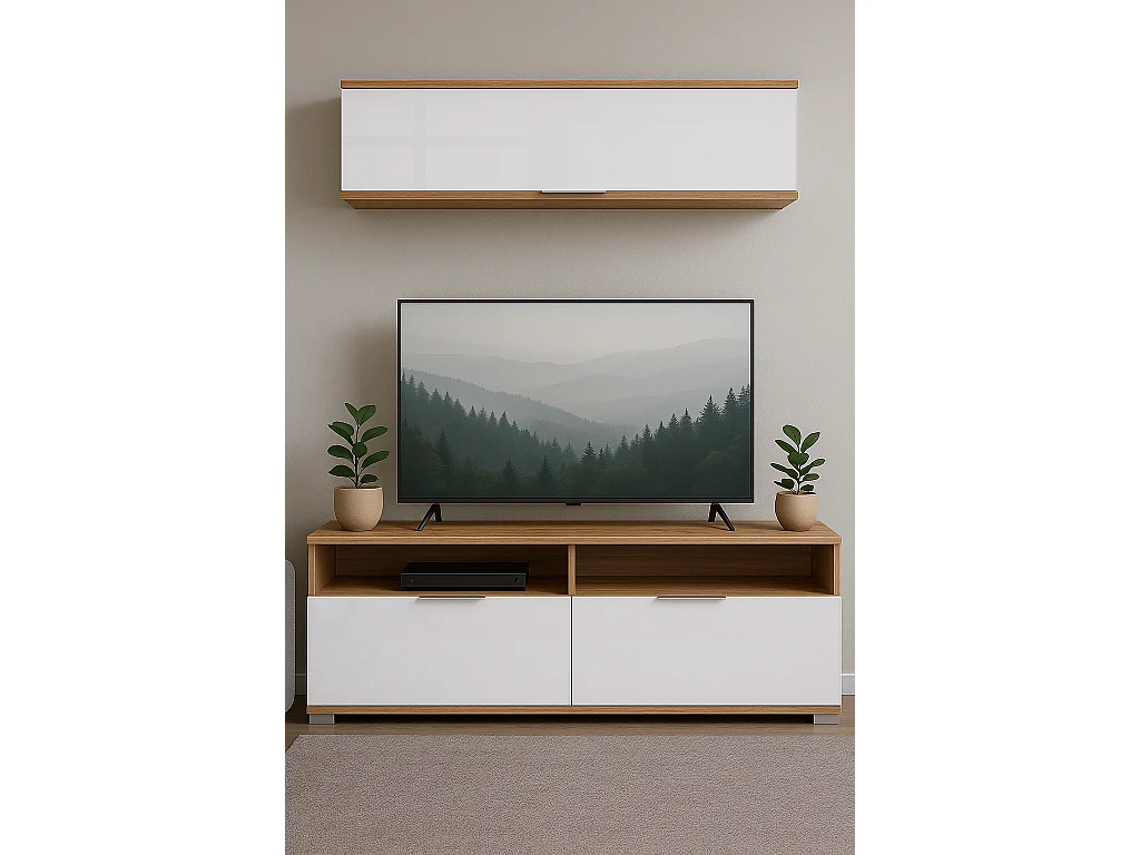 Wall Mounted Cabinet Living Room Floating Storage Shelf Unit 135cm White Gloss Oak Effect Zele