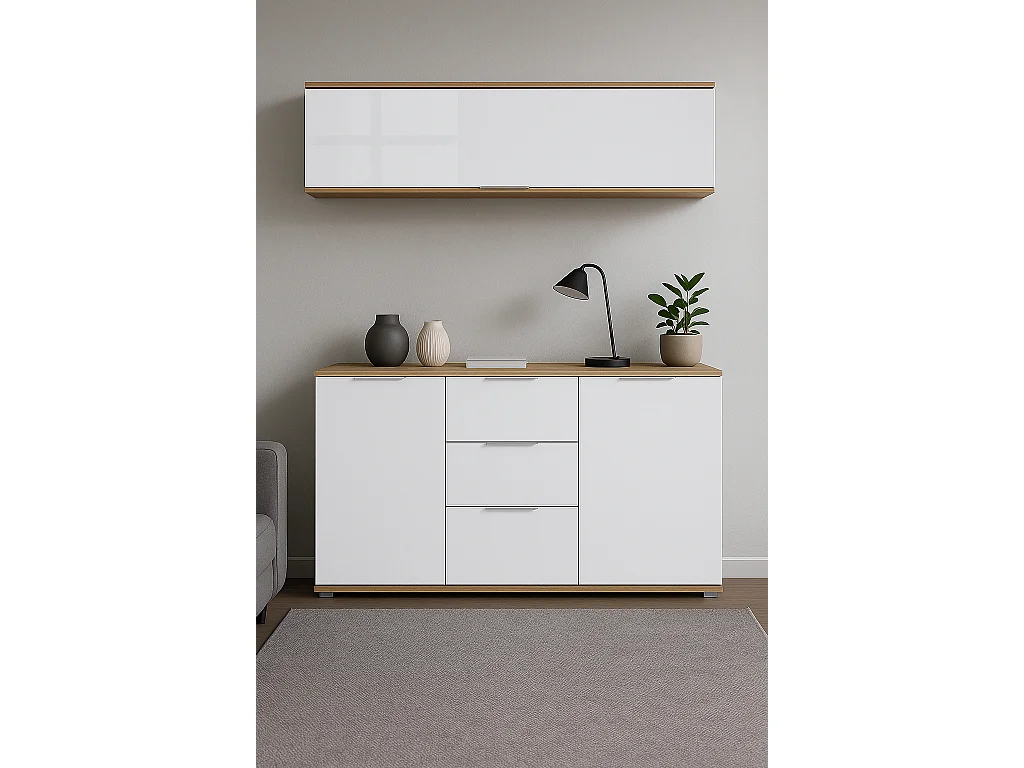 Wall Mounted Cabinet Living Room Floating Storage Shelf Unit 135cm White Gloss Oak Effect Zele