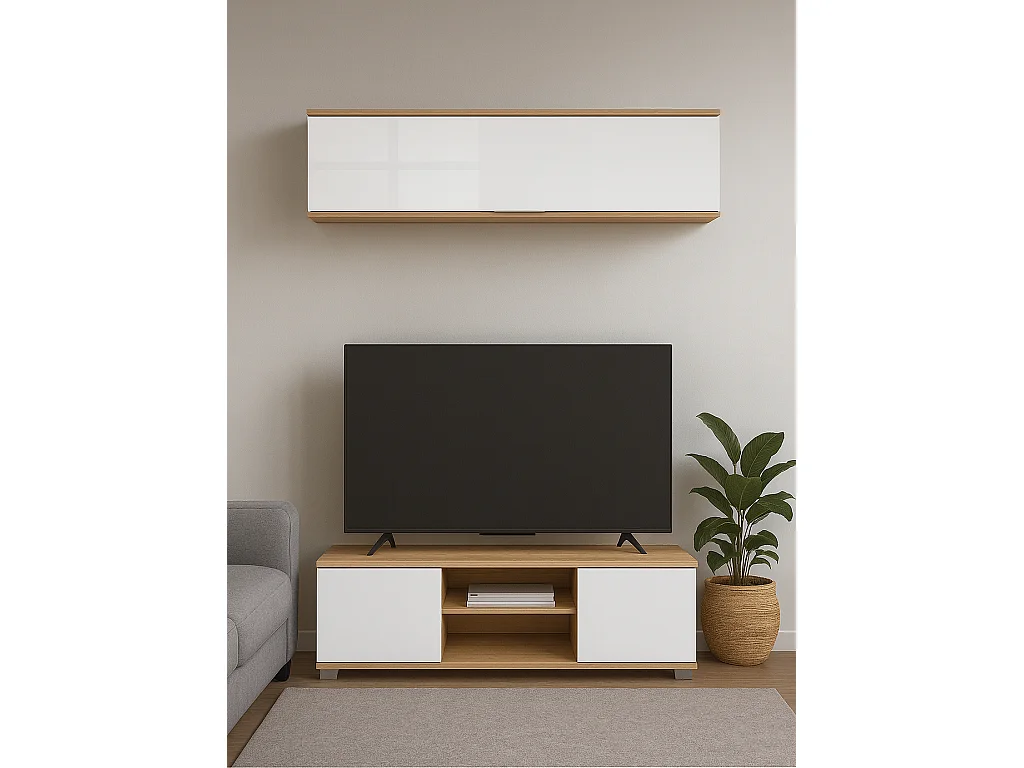 Wall Mounted Cabinet Living Room Floating Storage Shelf Unit 135cm White Gloss Oak Effect Zele