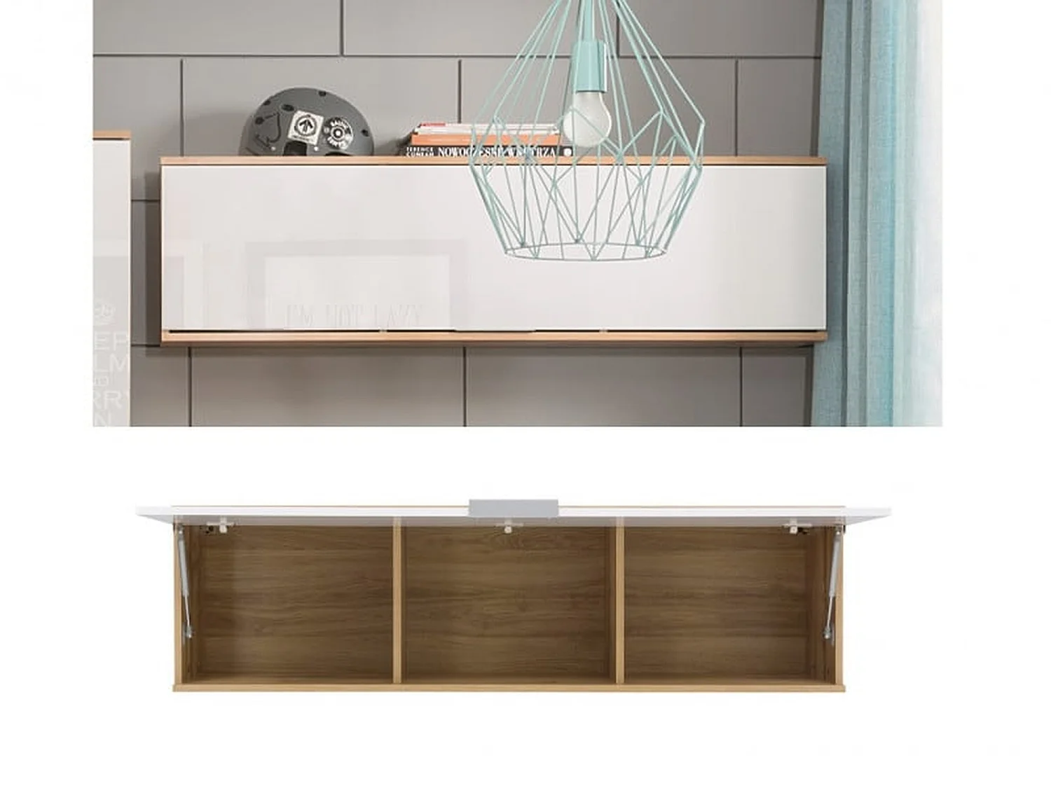 Wall Cabinet Unit Storage Bedroom Living Room White Gloss and Oak Finish Modern Wall Shelf Cupboard Zele