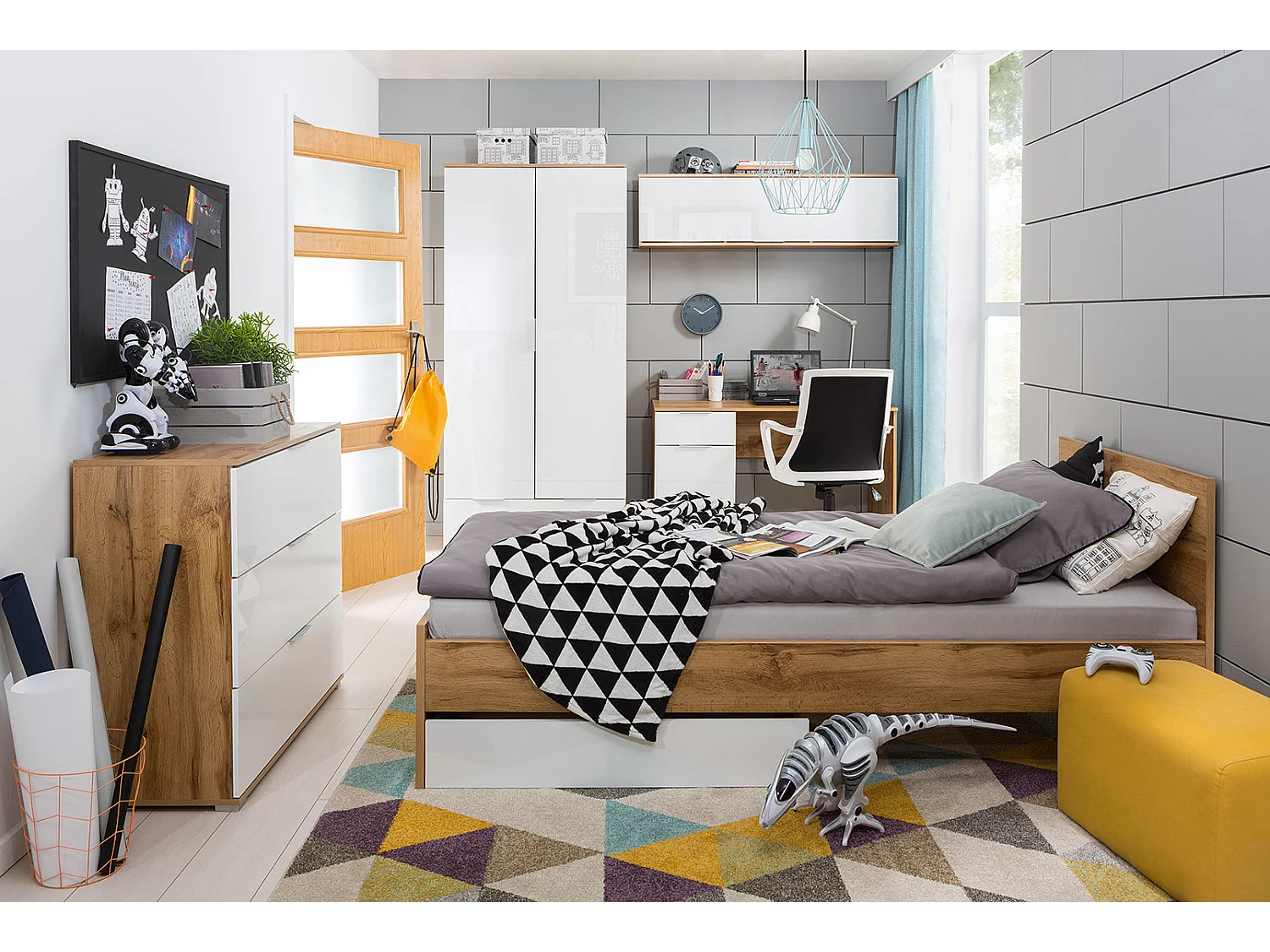 Wall Cabinet Unit Storage Bedroom Living Room White Gloss and Oak Finish Modern Wall Shelf Cupboard Zele