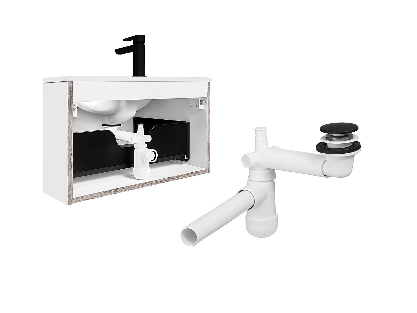 Sink Waste Kit Bathroom Trap Basin Space Saving Slimline Black Pop Up Click Clack Telescopic Syphon Preloc for Full Depth Drawer Vanities