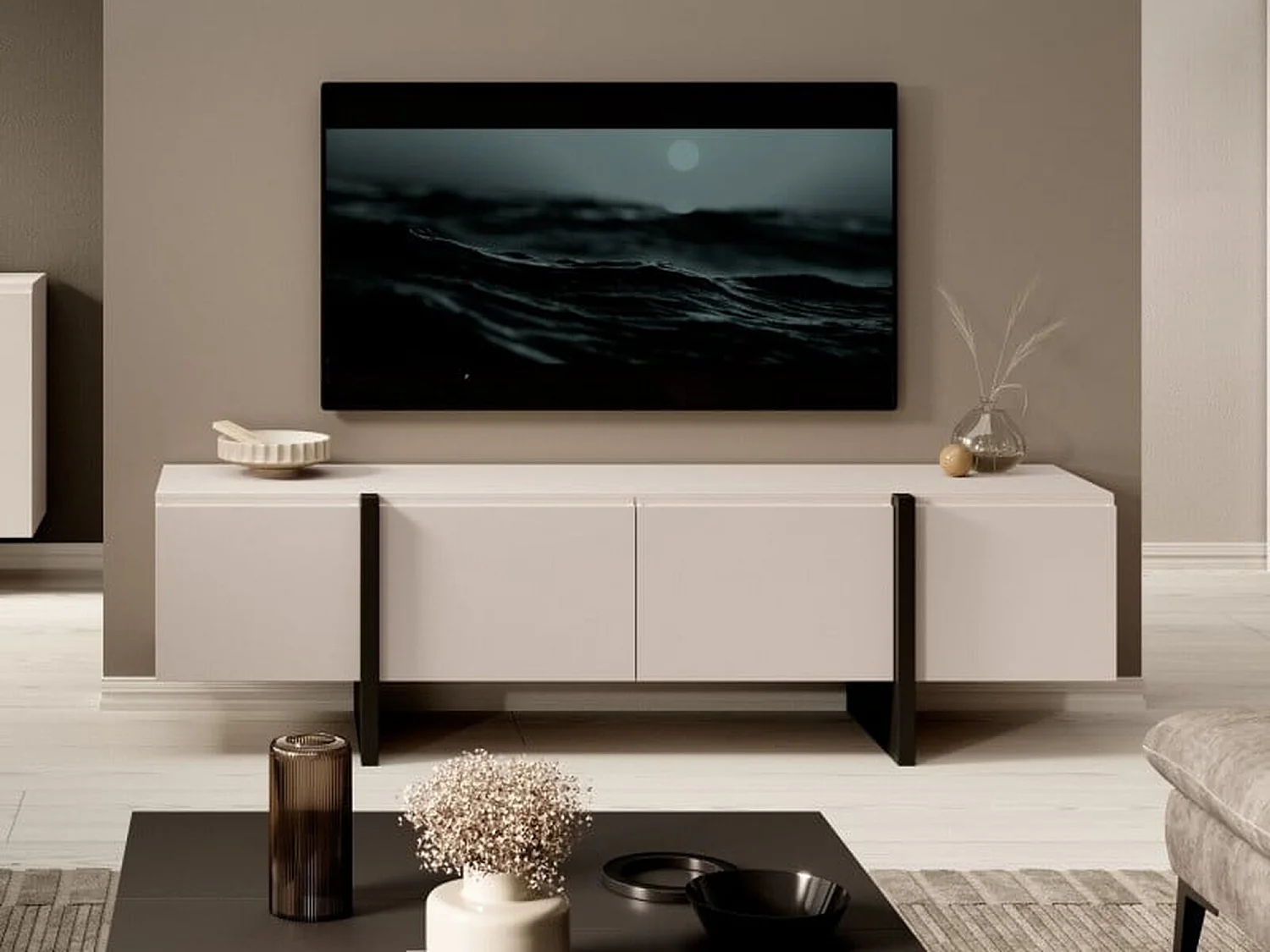 TV Cabinet Beige Black Entertainment Unit 160cm Stand Handleless Cashmere Modern Kiznie