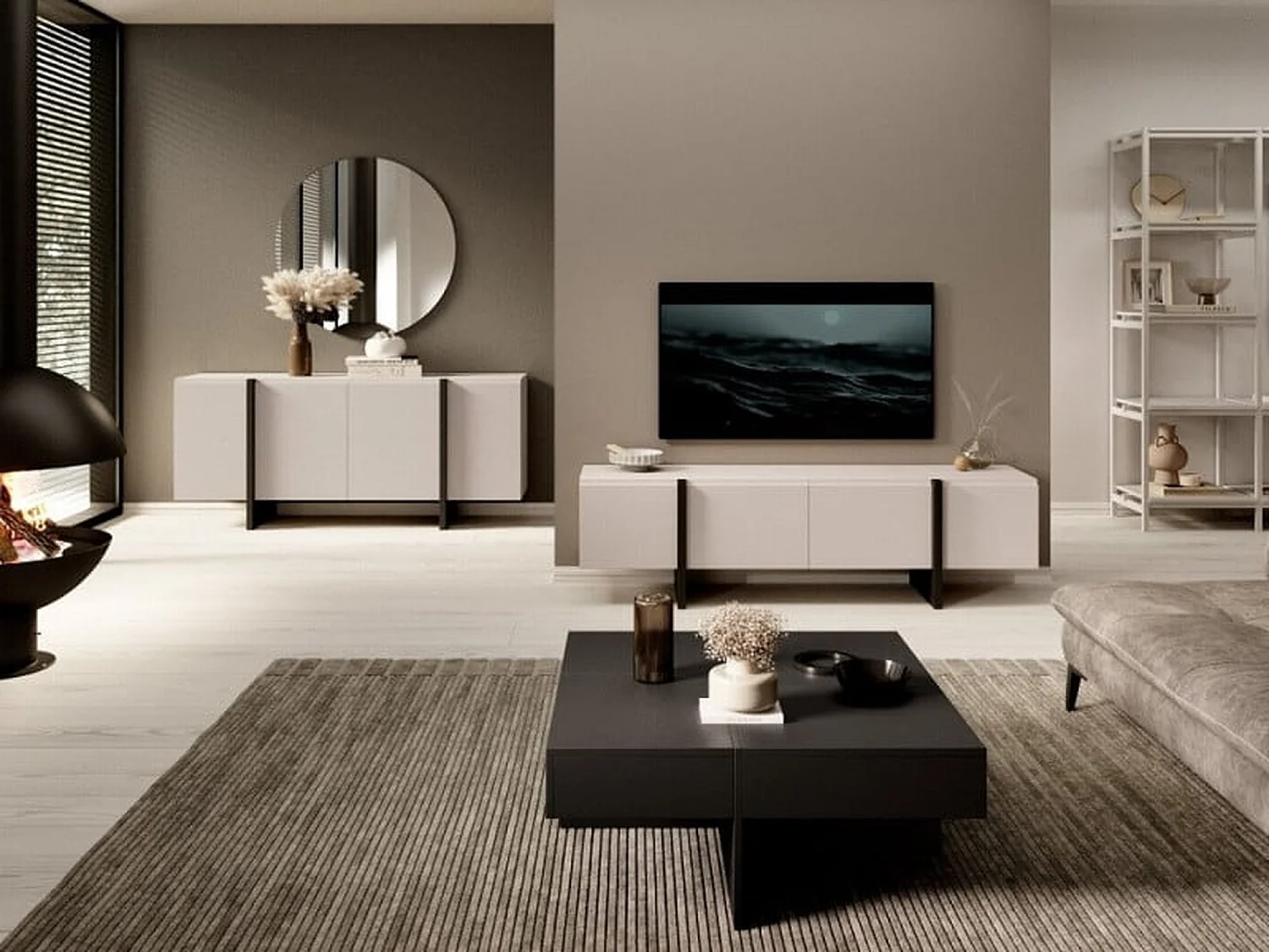 TV Cabinet Beige Black Entertainment Unit 160cm Stand Handleless Cashmere Modern Kiznie