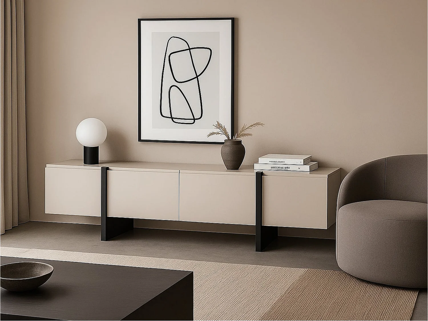 TV Cabinet Beige Black Entertainment Unit 160cm Stand Handleless Cashmere Modern Kiznie