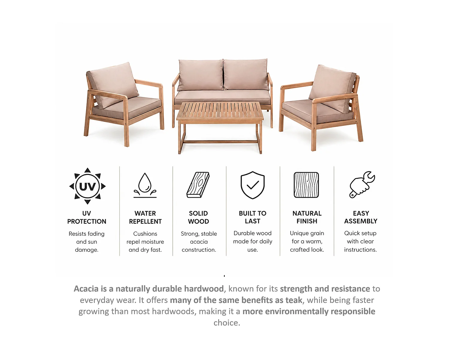 Garden Sofa Set 4 Seater Lounge Sofa Chairs Table Acacia Wood Premium Outdoor Furniture with Beige Taupe Cushions Lido