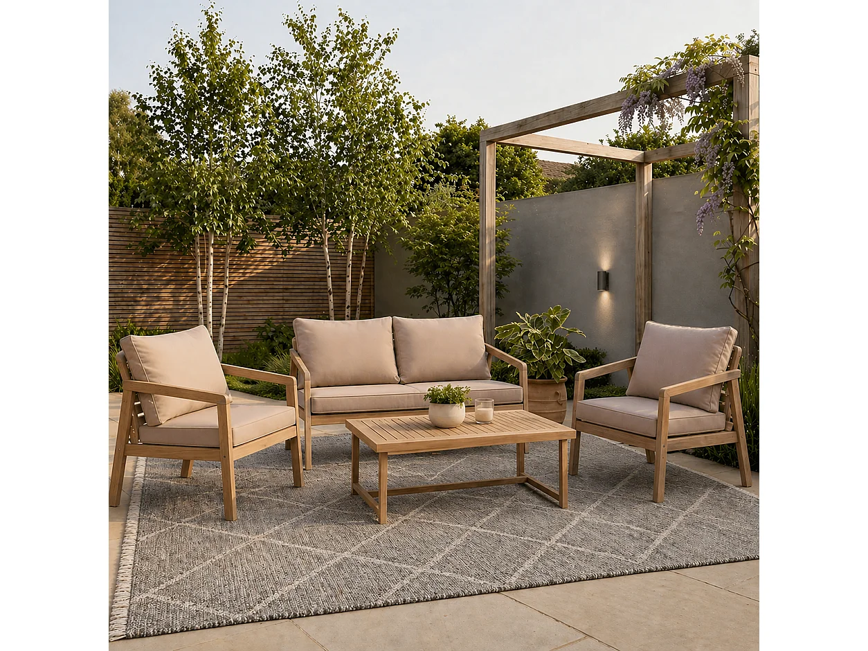 Garden Sofa Set 4 Seater Lounge Sofa Chairs Table Acacia Wood Premium Outdoor Furniture with Beige Taupe Cushions Lido