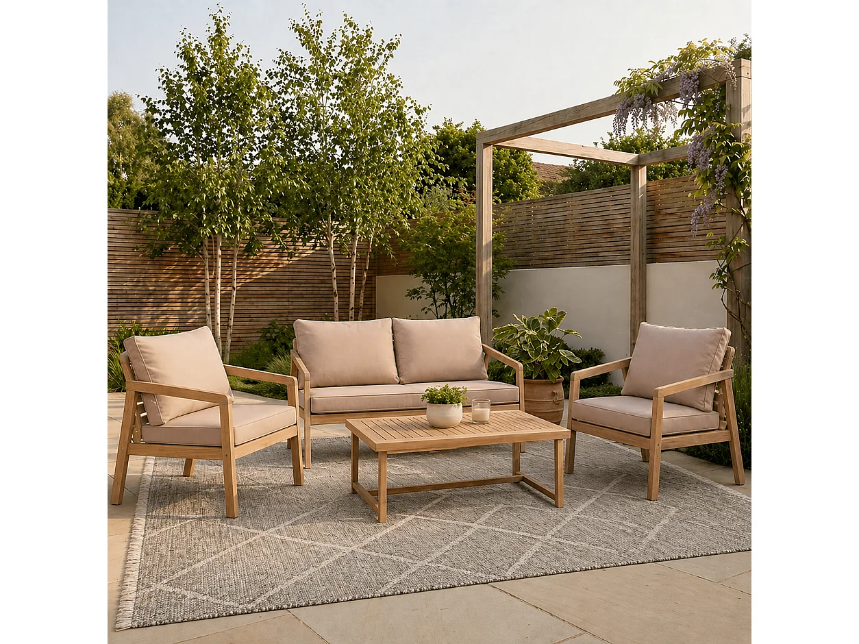 Garden Sofa Set 4 Seater Lounge Sofa Chairs Table Acacia Wood Premium Outdoor Furniture with Beige Taupe Cushions Lido